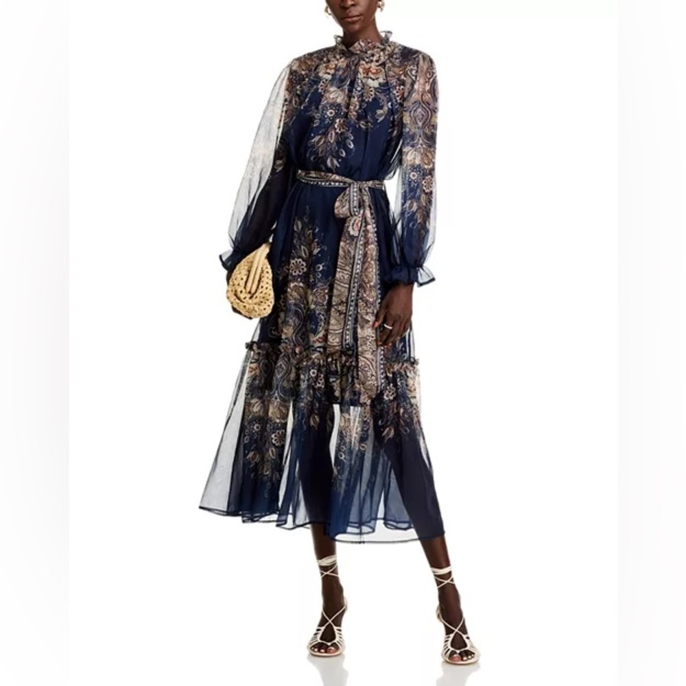 Nancy Yang Navy Floral Print Sheer Maxi Dress Ruffle Neck Size L NWT